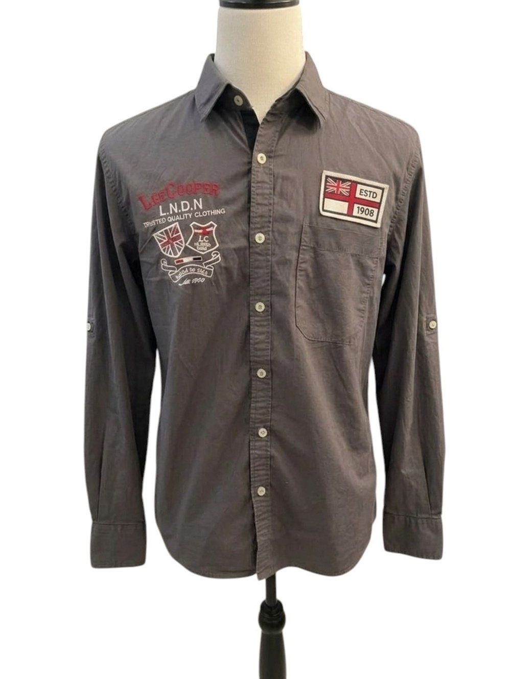 Lee Cooper Originals Men XL Grey Button Up Shirt Long Sleeve Retro London Style
